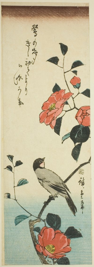 Flores de camélia e Dom-fafe de Utagawa Hiroshige