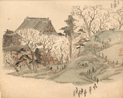 Contemplação das flores de cerejeira no templo do Monte Suribachi, segundo uma ilustração do volume 5 do livro ilustrado «Lembranças de Edo» (Ehon Edo miyage) de Utagawa Hiroshige