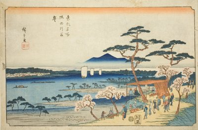 Flores de cerejeira em plena floração ao longo do rio Sumida (Sumidagawa hanazakari), da série "Lugares Famosos na Capital Oriental (Toto meisho)" de Utagawa Hiroshige