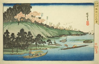 Flores de cerejeira em plena floração ao longo do rio Sumida (Sumidagawa hanazakari), da série "Lugares famosos em Edo (Koto meisho)" de Utagawa Hiroshige
