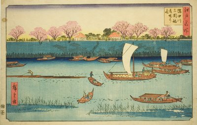 Cerejeiras ao longo da margem do rio Sumida no Santuário Mimeguri Inari (Sumidagawa Mimeguri Inari tsutsumi no hana), da série "Lugares famosos em Edo (Edo meisho)" de Utagawa Hiroshige