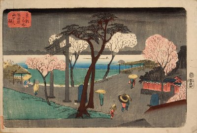 Cherry Trees in Rain no aterro do rio Sumida. Sumida zutsumi uchû no sakura de Utagawa Hiroshige