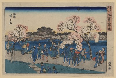 Flores de cerejeira ao longo do rio Sumida Sumida tsutsumi hanami no zu de Utagawa Hiroshige