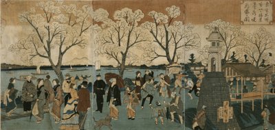 Cereja floresce em plena floração ao longo do rio Sumida. Bokusui tsutsumi hanazakari no zu de Utagawa Hiroshige