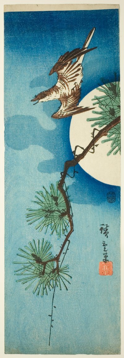 Cuco, galho de pinheiro e lua cheia de Utagawa Hiroshige
