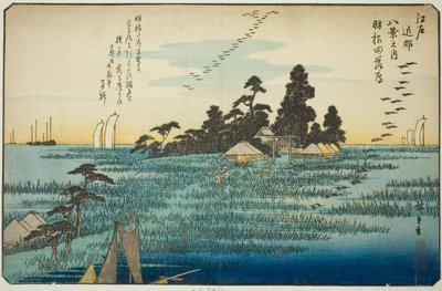 Gansos descendentes em Haneda (Haneda no rakugan), da série "Eight Views in the Environs of Edo (Edo kinko hakkei no uchi)" de Utagawa Hiroshige