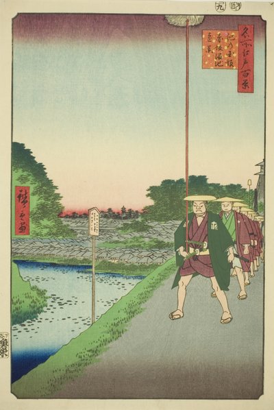 Vista distante do reservatório de Akasaka da encosta Kinokuni (Kinokunizaka Akasaka Tameike enkei), da série "Cem vistas famosas de Edo (Meisho Edo hyakkei)" de Utagawa Hiroshige