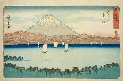 Ejiri—Não. 19, da série "Cinquenta e três estações do Tokaido (Tokaido gojusan tsugi)", também conhecido como Reisho Tokaido de Utagawa Hiroshige