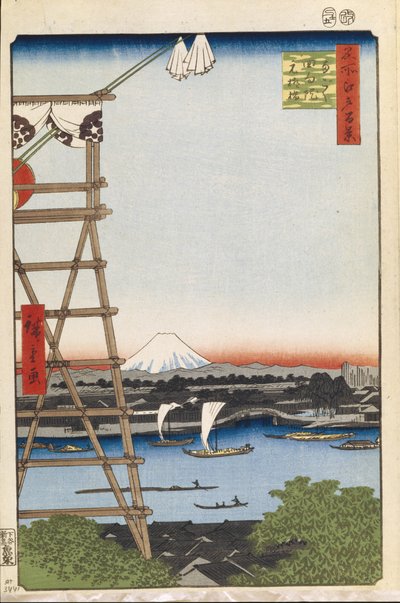 Templo Ekoin na ponte Ryogoku e Moto-Yanagi Cem vistas famosas de Edo, 1856-1858 de Utagawa Hiroshige