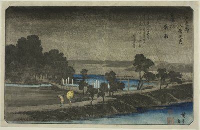 Evening Rain at Azuma Shrine (Azuma no mori yau), da série "Eight Views in the Environs of Edo (Edo Kinko hakkei no uchi)" de Utagawa Hiroshige
