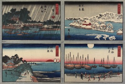 Neve da noite em Shinobazu, lua do outono em Takanawa, ascensão do sol em Susaki, chuva da noite no rio de Sumida, 1843-1847 de Utagawa Hiroshige