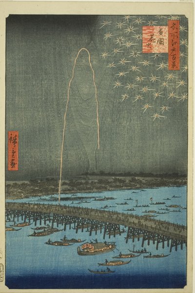 Filet rks at Rokoku (Rokoku Fireworks), da série ”Ridge d re d Fa net s Views of Edo (Cem vistas famosas de Edo)” de Utagawa Hiroshige