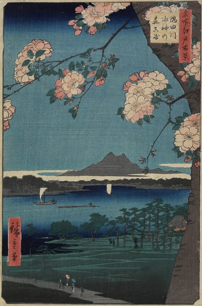 Floresta do Santuário Suijin e Masaki no Rio Sumida, agosto de 1856 de Utagawa Hiroshige