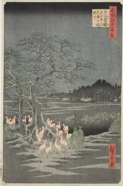 Fogos de raposa na véspera de Ano Novo na Árvore da Mudança em Oji (Oji shozoku enoki omisoka no kitsunebi), da série "Cem Vistas Famosas de Edo (Meisho Edo hyakkei)" de Utagawa Hiroshige