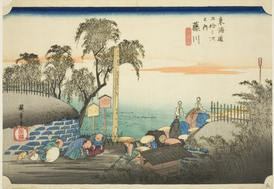 Fujikawa: Vista de Post Outskirts (Fujikawa, bohana no zu), da série "Cinquenta e três estações do Tokaido (Tokaido gojusan tsugi no uchi)", também conhecido como Hoeido Tokaido de Utagawa Hiroshige