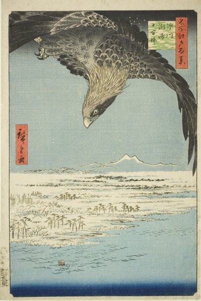 Proposta de Fukagawa Susaki d Jumantsubo (Fukagawa Susaki Jumantsubo), fm Teserie s "Ridge branch d Red Fanet s Views of Edo (One Hundred Famous Views of Edo)" de Utagawa Hiroshige