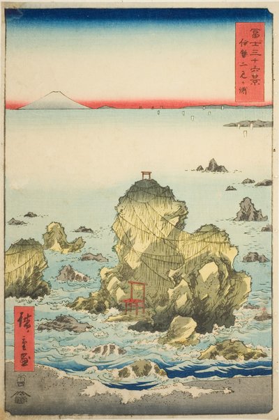 Baía de Futami na província de Ise (Ise Futamigaura), da série "Trinta e seis vistas do Monte Fuji (Fuji sanjurokkei)" de Utagawa Hiroshige