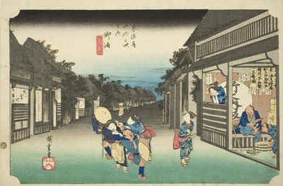 Goyu: Women Stopping Travelers (Goyu, tabibito tomeru onna), da série "Cinquenta e três estações do Tokaido (Tokaido gojusan tsugi no uchi)", também conhecido como Hoeido Tokaido de Utagawa Hiroshige