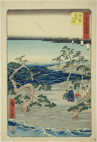 Hamamatsu: The Famous Murmuring Pines (Hamamatsu, meisho zazanza no matsu), nº. 30 da série "Famous Sights of the Fifty-three Stations (Gojusan tsugi meisho zue)", também conhecido como Vertical Tokaido de Utagawa Hiroshige