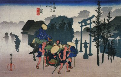 Hiroshige, Viajantes que passam por um santuário na bruma de Utagawa Hiroshige