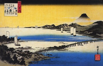 Hiroshige Vista de uma longa ponte sobre um lago de Utagawa Hiroshige