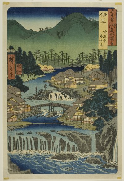 Província de Izu: Fontes termais do Templo de Shuzen (Izu, Shuzenji tojiba), da série "Lugares famosos nas sessenta e tal províncias (Rokujuyoshu meisho zue)" de Utagawa Hiroshige