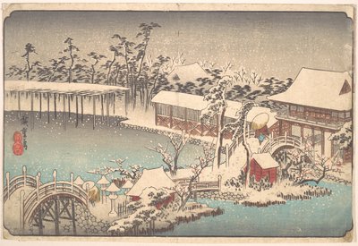 Neve no recinto do Kameido Tenmangū de Utagawa Hiroshige
