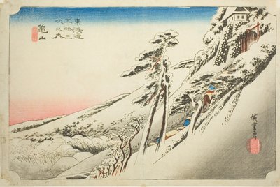 Kameyama: Weather Clearing after Snow (Kameyama, yukibare), da série "Cinquenta e três estações do Tokaido (Tokaido gojusan tsugi no uchi)", também conhecido como Hoeido Tokaido de Utagawa Hiroshige