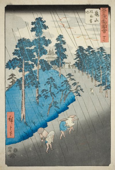 Kameyama: Vento, Chuva e Trovão (Kameyama, fuu raimei), nº. 47 da série "Famous Sights of the Fifty-three Stations (Gojusan tsugi meisho zue)", também conhecido como Vertical Tokaido de Utagawa Hiroshige