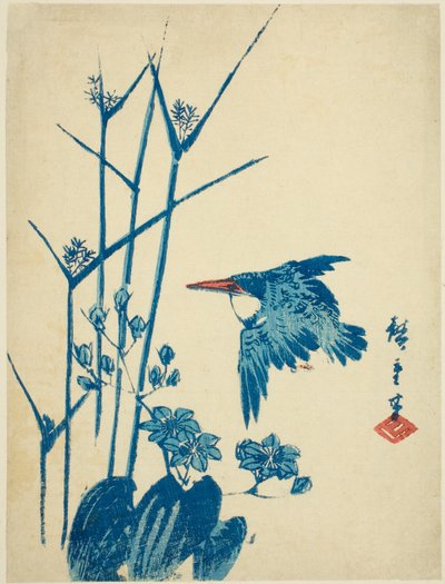 Martim-pescador e monocoria de Utagawa Hiroshige