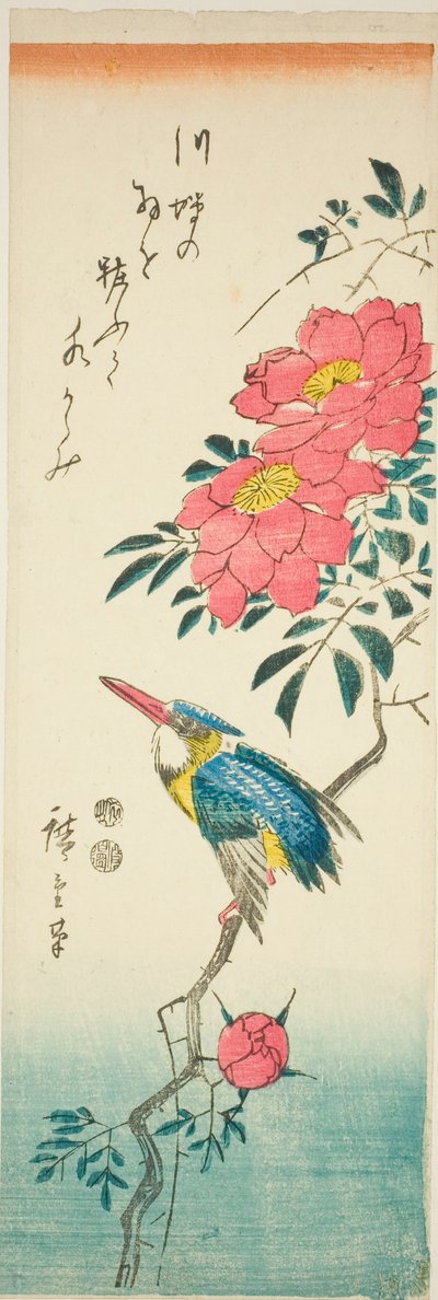 Martim-pescador e rosas de Utagawa Hiroshige