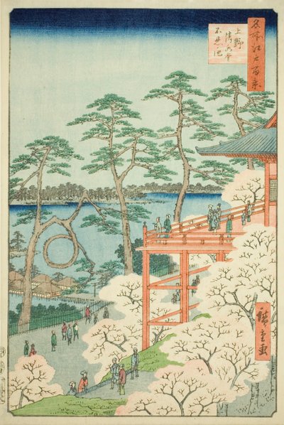 Salão Kiyomizu e lago Shinobazu em Ueno (Ueno Kiyomizudo Shinobazu no ike), n.o 11 da série "Cem vistas famosas de Edo (Meisho Edo hyakkei)" de Utagawa Hiroshige