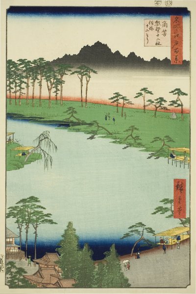 Santuário Kumano Junisha em Tsunohazu, Popularmente Conhecido como Juniso (Tsunohazu Kumano Junisha, zokusho Juniso), da série "Cem Vistas Famosas de Edo (Meisho Edo hyakkei)" de Utagawa Hiroshige