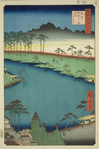 Santuário Kumano Junisha em Tsunohazu, Popularmente Conhecido como Juniso (Tsunohazu Kumano Junisha, zokusho Juniso), da série "Cem Vistas Famosas de Edo (Meisho Edo hyakkei)" de Utagawa Hiroshige