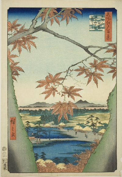 Maple Trees at Mama, Tekona Shrine and Tsugi Bridge (Mama no momiji, Tekona no yashiro, Tsugihashi), da série "One Hundred Famous Views of Edo (Meisho Edo hyakkei)" de Utagawa Hiroshige