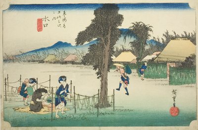Minakuchi: Aparas de cabaça secas, uma especialidade local (Minakuchi, meibutsu kanpyo), da série "Cinquenta e três estações do Tokaido (Tokaido gojusan tsugi no uchi)", também conhecido como Hoeido Tokaido de Utagawa Hiroshige