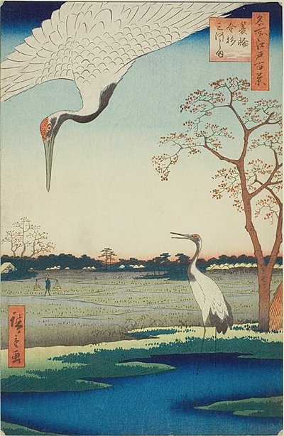 Minowa, Kanasugi, Mikawashima, n.º 102 da série "Cem vistas famosas de Edo (Meisho Edo hyakkei)" de Utagawa Hiroshige