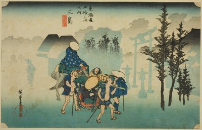 Mishima: Morning Mist (Mishima, asagiri), da série "Cinquenta e três estações da estrada Tokaido (Tokaido gojusan tsugi no uchi)", também conhecido como Hoeido Tokaido de Utagawa Hiroshige