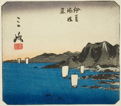 Mishima, seção da folha no. 3 da série "Fotos recortadas do Tokaido (Tokaido harimaze zue)" de Utagawa Hiroshige