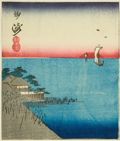 Morning Market at Nihon Bridge (Nihonbashi, asaichi), section of a sheet from the series "Cutouts of Famous Places in Edo (Harimaze Koto meisho)" de Utagawa Hiroshige