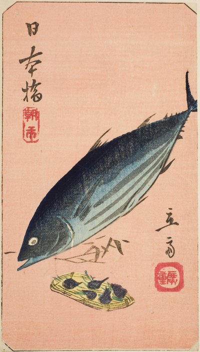 Morning Market at Nihon Bridge (Nihonbashi, asaichi), section of a sheet from the series "Cutouts of Famous Places in Edo (Harimaze Koto meisho)" de Utagawa Hiroshige