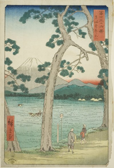Mout Fuji visto da esquerda no Tokaido (Tokaido hidari Fuji), da série "Trinta e seis vistas do Monte Fuji (Fuji sanjurokkei)" de Utagawa Hiroshige