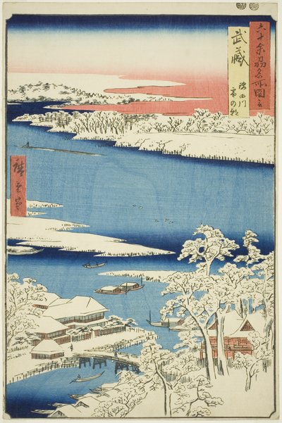 Província de Musashi: Manhã após a neve no rio Sumida (Musashi, Sumidagawa yuki no ashita), da série "Lugares famosos nas sessenta e poucas províncias (Rokujuyoshu meisho zue)" de Utagawa Hiroshige