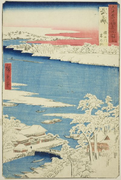 Província de Musashi: Manhã após a neve no rio Sumida (Musashi, Sumidagawa yuki no ashita), da série "Lugares famosos nas sessenta e poucas províncias (Rokujuyoshu meisho zue)" de Utagawa Hiroshige