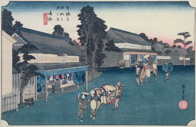 Narumi: o tecido local da loja Arimatsu Shibori, da série &39;Cinquenta e três Estações no Tokaido&39;, c.1834-35 (impressão xilogravura colorida) de Utagawa Hiroshige