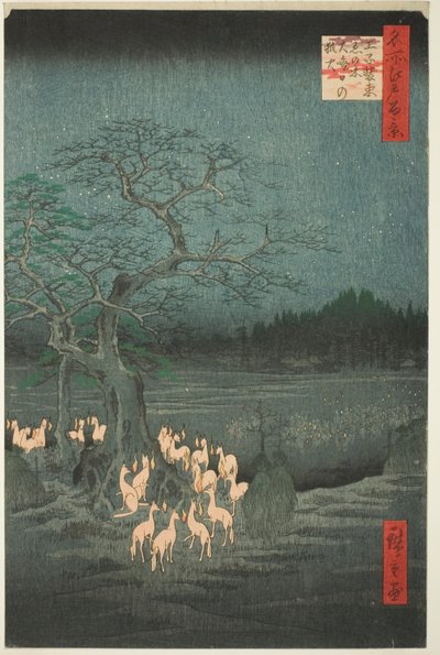 Véspera de Ano Novo Fox Fire at the Changing Tree (Ōji shozoku enoki omisoka no kitsunebi), da série One Hundred Famous Views of Edo (Meisho Edo hyakkei) de Utagawa Hiroshige