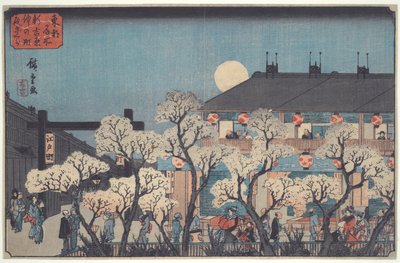 Visão noturna de flores de cerejeira ao longo do Nakanoch? em Shin Yoshiwara, da série Famous Places in the Eastern Capital de Utagawa Hiroshige
