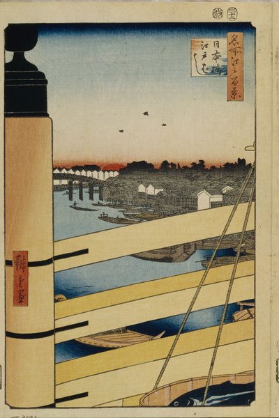 Nihonbashi e Edobashi Pontes Cem Vistas Famosas de Edo, 1856-1858 de Utagawa Hiroshige