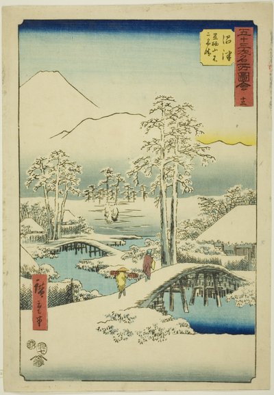 Numazu: Monte Fuji e Monte Ashigara em tempo claro após a neve, no. 13 (Numazu, Ashigarayama Fuji no yukibare), da série "Famous Sights of the Fifty-three Stations (Gojusan tsugi meisho zue)", também conhecido como Vertical Tokaido de Utagawa Hiroshige