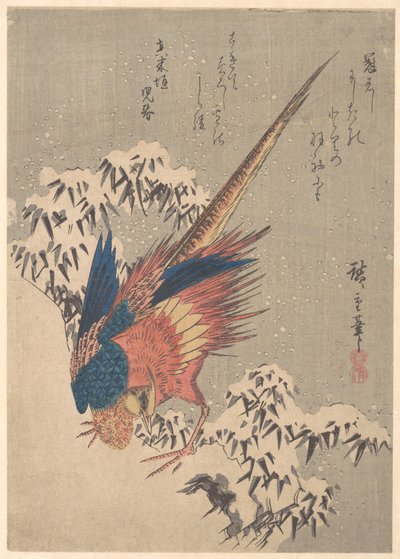 Faisão entre bambus carregados de neve numa encosta de Utagawa Hiroshige